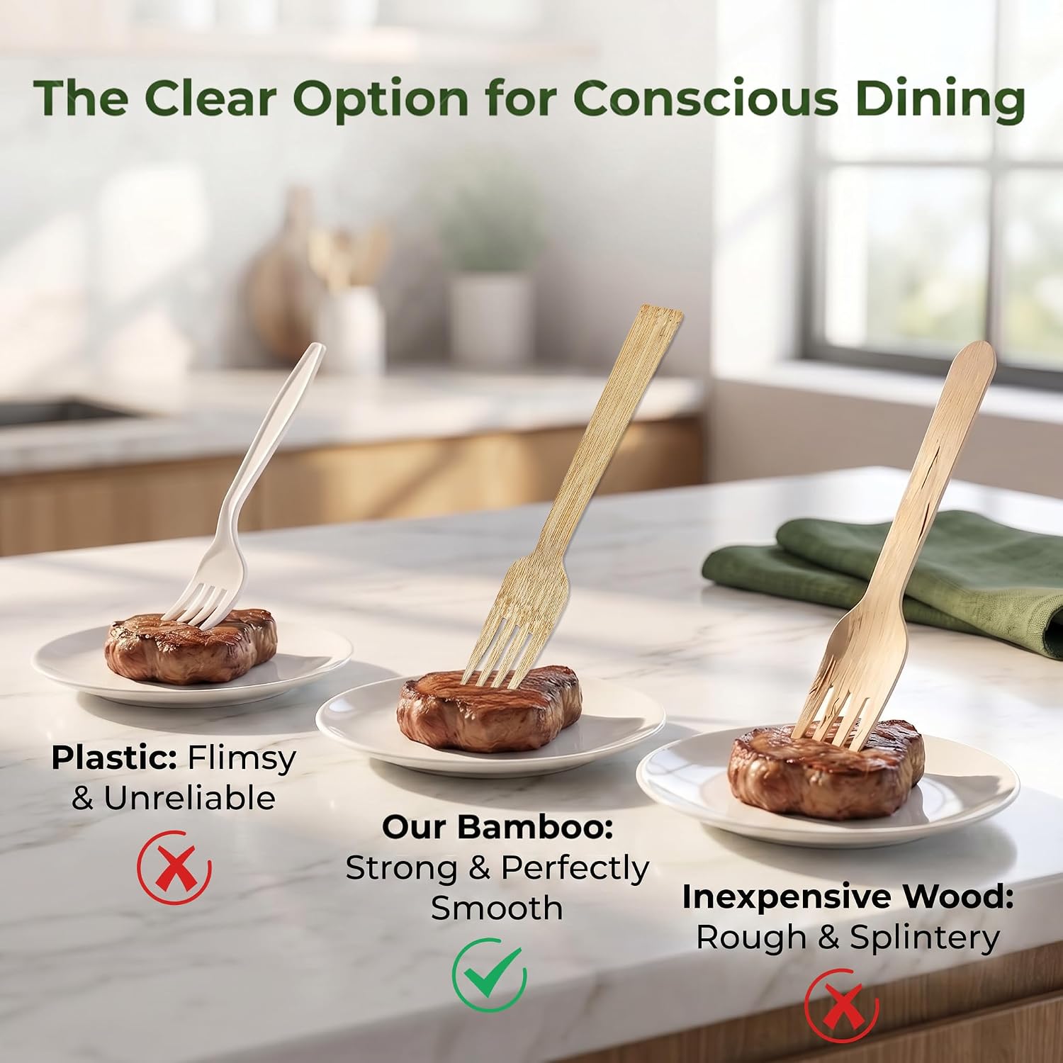 Bloomsday Disposable Bamboo Utensils Set, 60 Pack | Compostable, Biodegradable, Includes Forks Spoons Knives Napkins, Eco Friendly, For Wedding Party Picnic Camping Outdoor