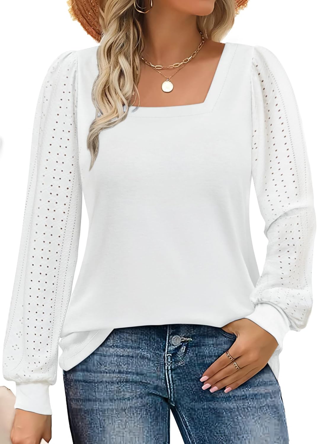 Rapbin Womens Square Neck Puff Sleeve Tops Dressy Casual Eyelet Long Sleeve Shirts Loose Trendy Blouses S-XXL