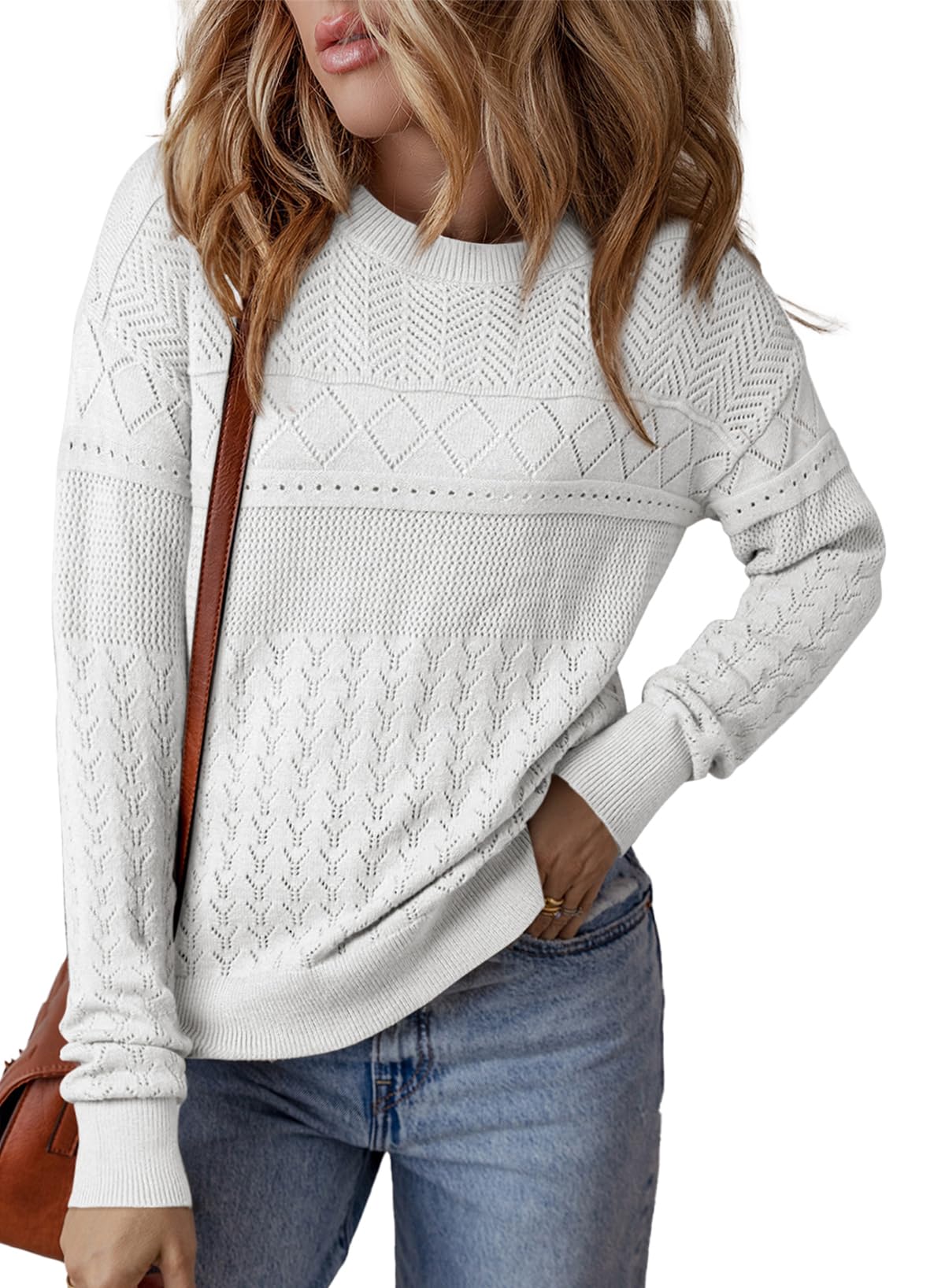 SHEWIN Fall Sweaters for Women Casual Crewneck Long Sleeve Crochet Pullover Tops Sweater