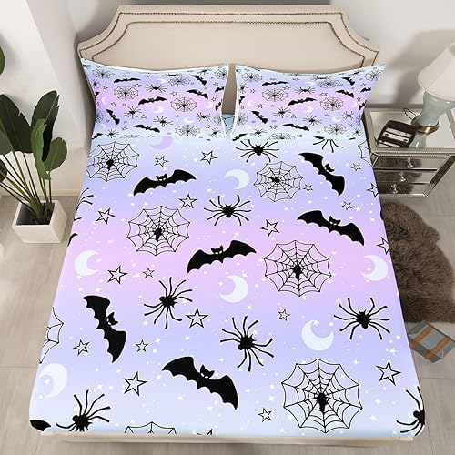 Miniatura 8 de Feelyou Juego de sábanas bajeras de Halloween con diseño de calabaza de dibujos animados para niños y niñas, diseño de castillo, diseño de castillo,