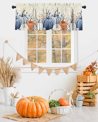 Miniatura 2 de Cenefas de cortina de otoño con diseño de calabazas azules, naranjas y grises, para ventanas y sala de estar, cenefas botánicas de Acción de Gracias