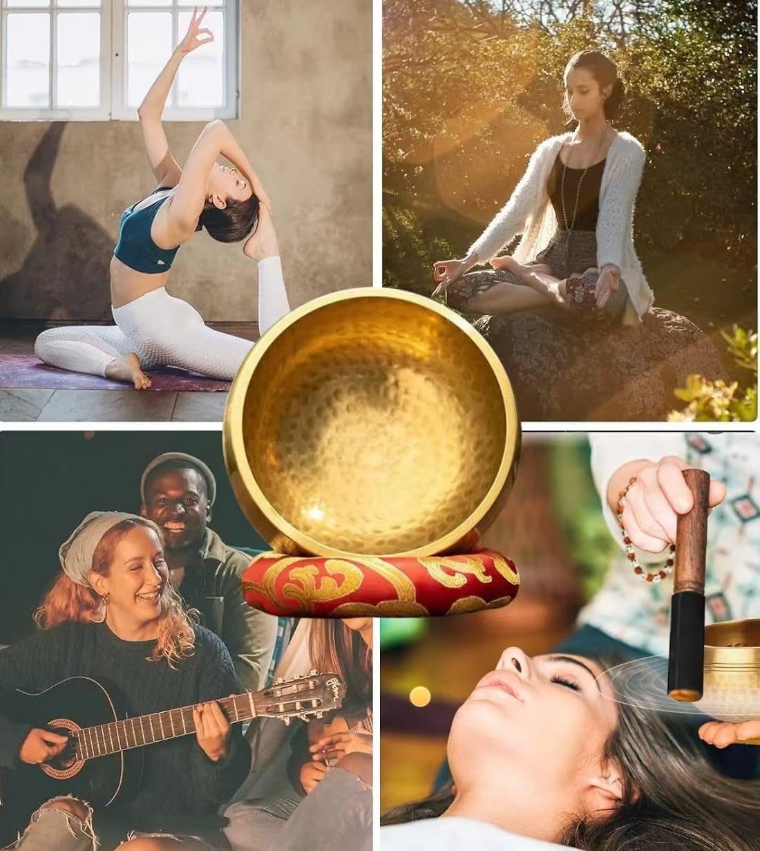 Tibetisches Klangschalen-Set Ø 8 & 12 cm mit Chilin-Muster Inkl. Holzklöppel & Schalenkissen | Handgefertigt & leicht bespielbar Perfekter Begleiter für Meditation und Klangtherapie (8CM)