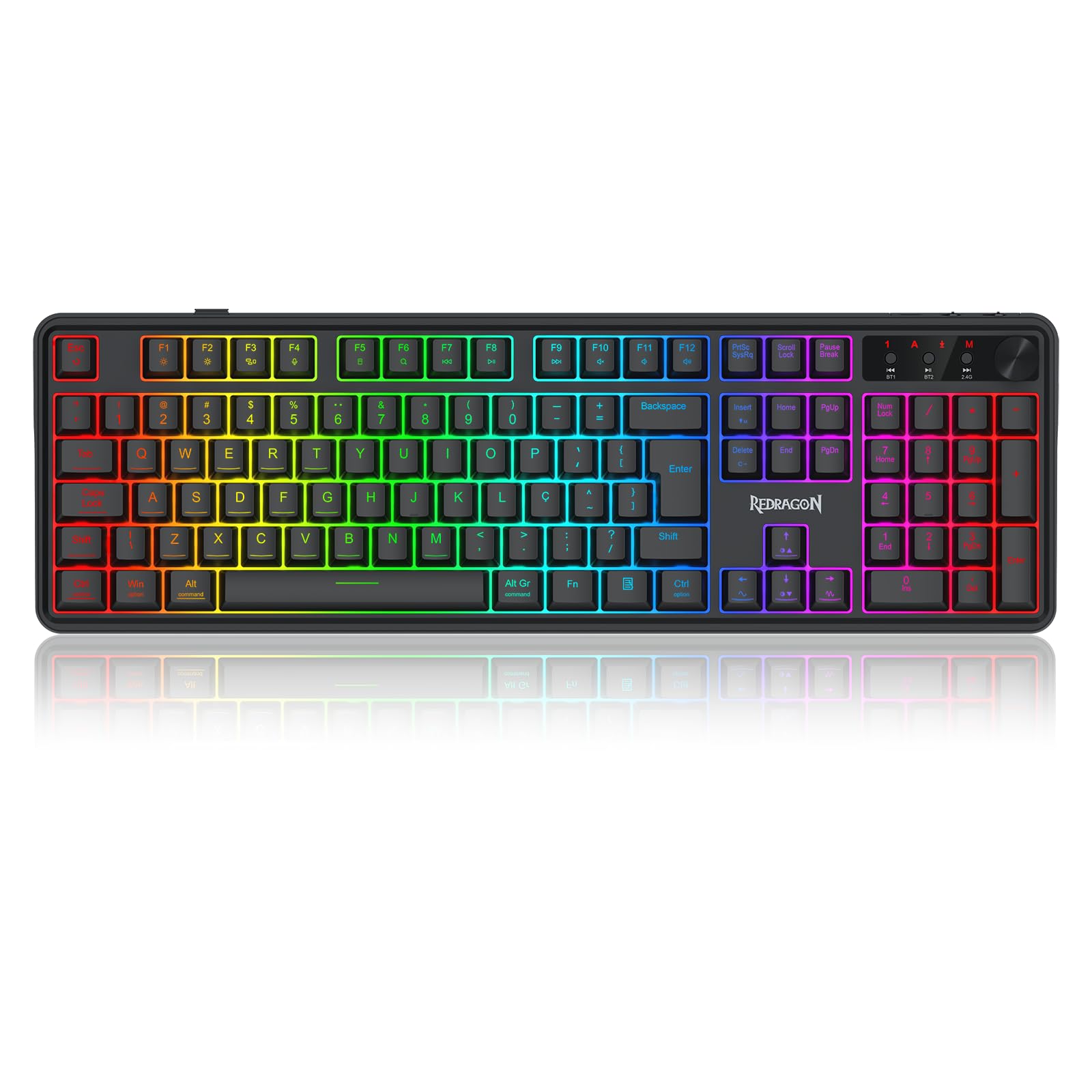 Teclado Gamer Membrana Redragon RM104 Volcano Preto ARGB Full Size ANBT2 Sem Fio Com Knob