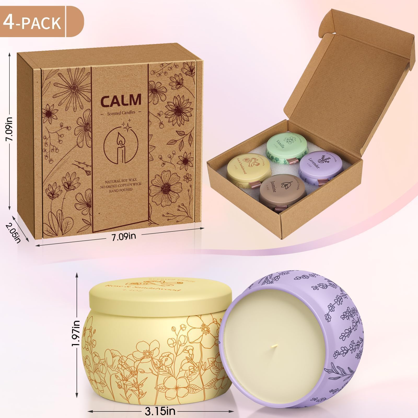 WarmEmbrace Duftkerzen für Frauen, 500 ml, romantische Kerzen für Frauen, Mädchen, Kerzen-Set, 120 Stunden Brenndauer, Soja-Kerzen für Zuhause, Lavendel, Vanille, Rose und Sandelholz, Jasmin, 4 Stück