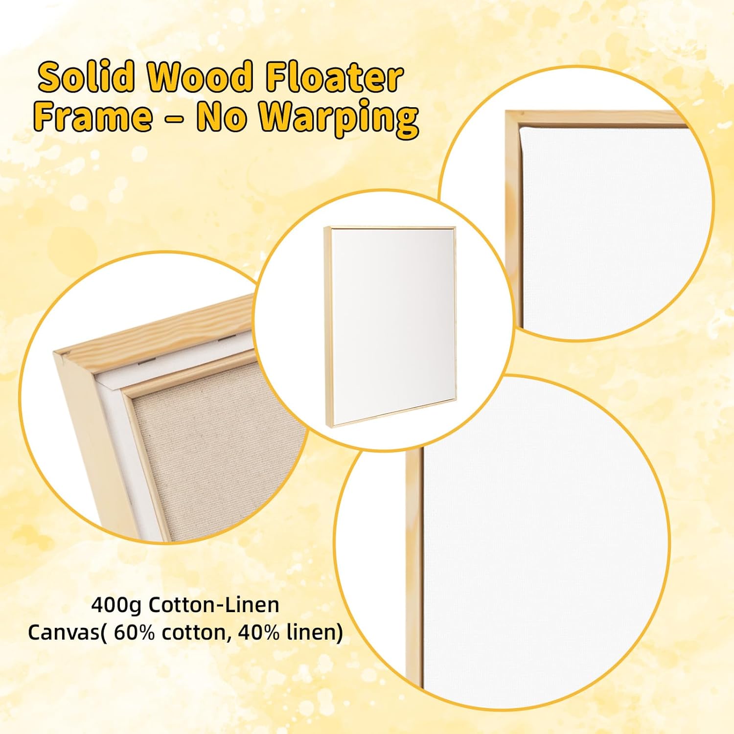 4 Pack 16 x 20 inch Floater Frame Canvas –Gallery Wrapped Canvas Set with Cotton-Linen Blend (400 GSM), Triple Acid-Free Gesso, Warp Resistant, Ready to Hang for Oil and Acrylic
