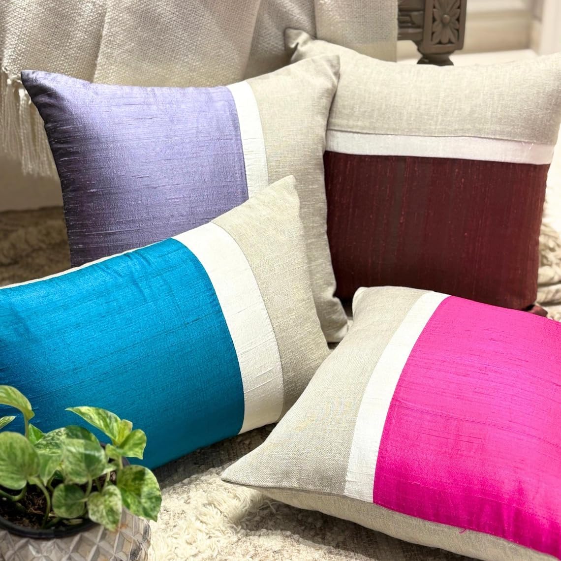 The HomeCentric Decorative Fuchsia 16"x16" (40x40 cm) Throw Pillow Covers, Silk & Linen Patchwork & Colorblock Throw Pillows for Sofa, Solid Color Pattern Modern Easter - Fuchsia Silkastic