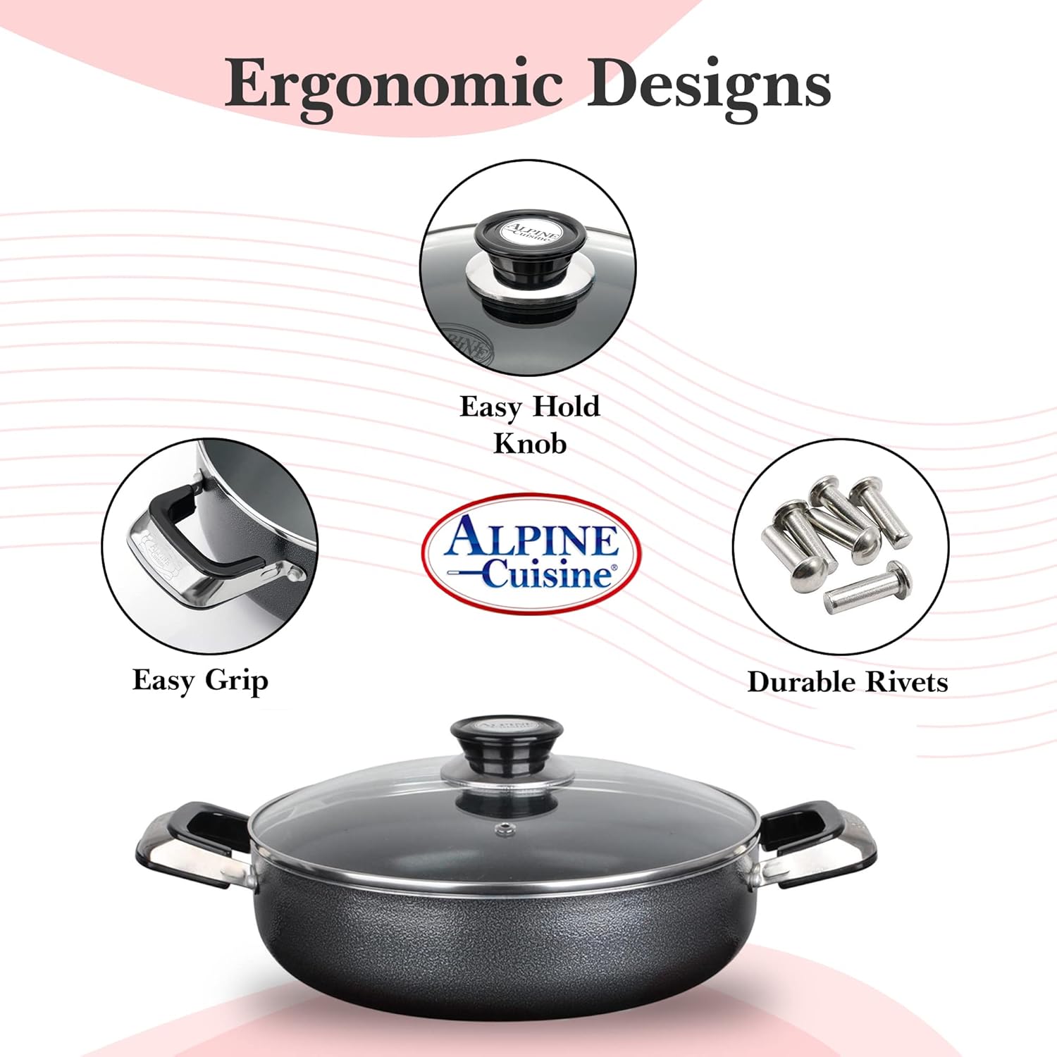Alpine Cuisine 7 Quart Non-stick Stock Pot with Tempered Glass Lid and Carrying Handles, Multi-Purpose Cookware Aluminum Dutch Oven for Braising, Boiling, Stewing