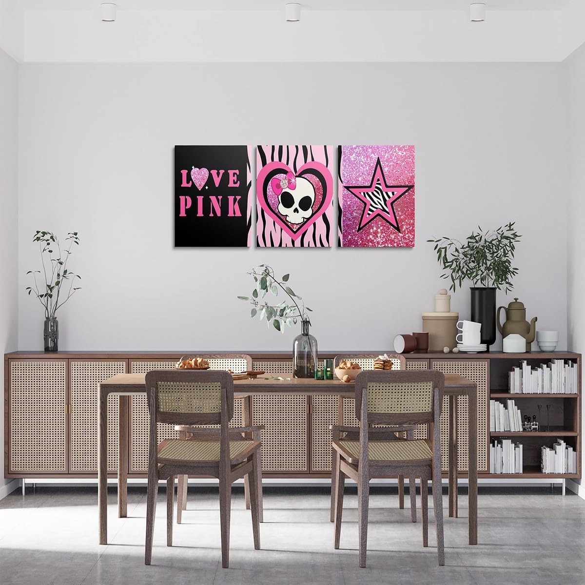 Feelyou Kids Pink Skull Canvas Wall Art for Living Room Bedroom Zebra Print Picture Wall Decor Boys Girls Cute Heart Pattern Wall Painting Y2K Bathroom Wall Art for Home Decor 12x16 inch 3 Piece