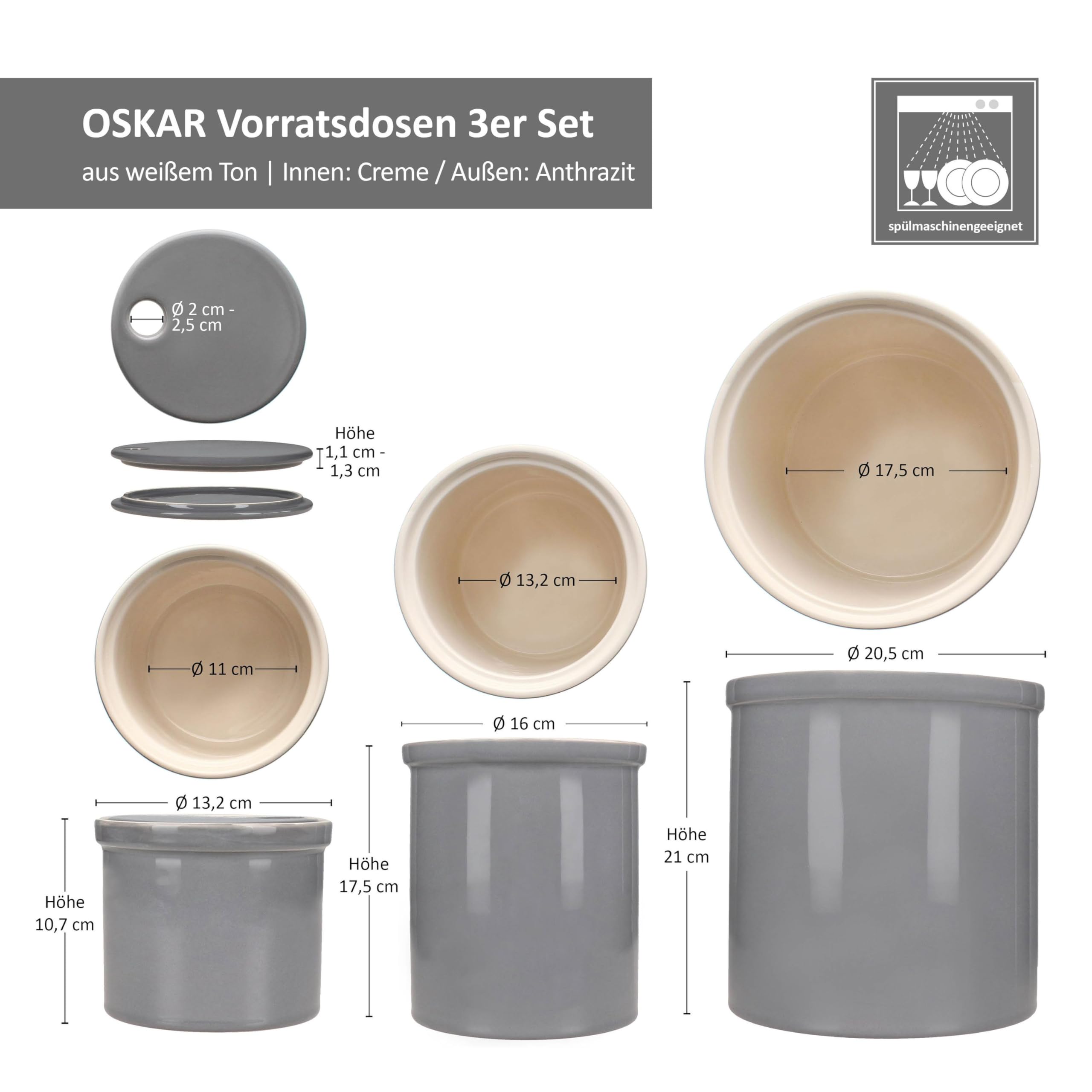 MamboCat 3er Set Oskar Vorratsdose S, M & L in Grau I Topf mit Deckel für Kartoffeln, Zwiebeln & Knoblauch aus weißem Ton für Ihre Küche I zylindrische Aufbewahrungsbox
