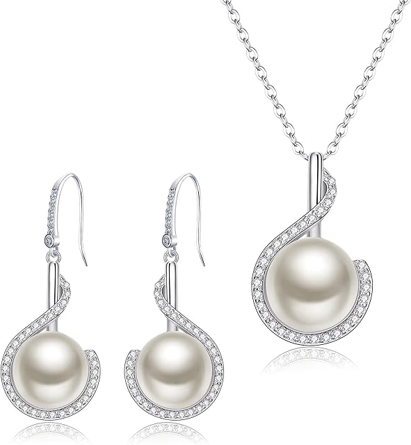 Clearine 925 Sterling Sliver CZ Freshwater Pearl Pendant Necklace Hook Earrings Set for Wedding Bridal, Valentines Day/Birthday/Christmas/Mother's Day Jewellery Set Gift for Mom/Wife/Girlfriend