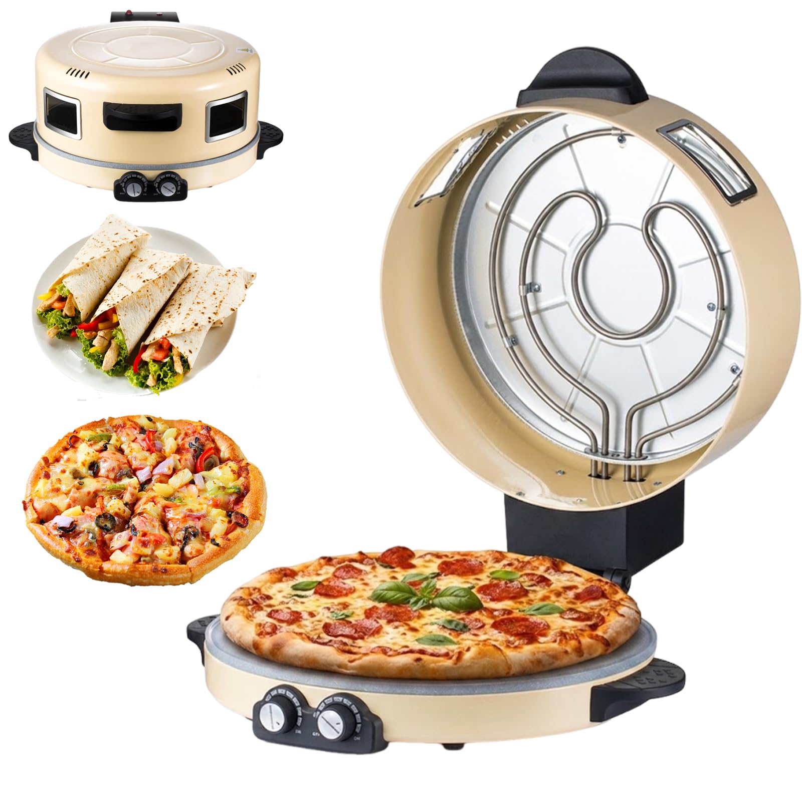 Elektryczny piekarnik do pizzy ze szklanym oknem, przenośną maszyną do robienia pizzy na blacie o mocy 2200 W, podwójnym sterowaniem ogrzewaniem i nieprzywierającą kamienną podstawą do pizzerii Quesad