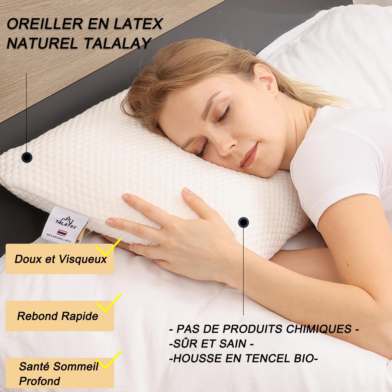 Talatex Oreiller en Latex Naturel 100% Pur, Aide à Soulager la Douleur et la Pression, Pas de Mousse à Mémoire de Forme, Oreiller en Latex Profond, Taille 60 x 40 x 13 cm, Lavable avec Taie en Tencel