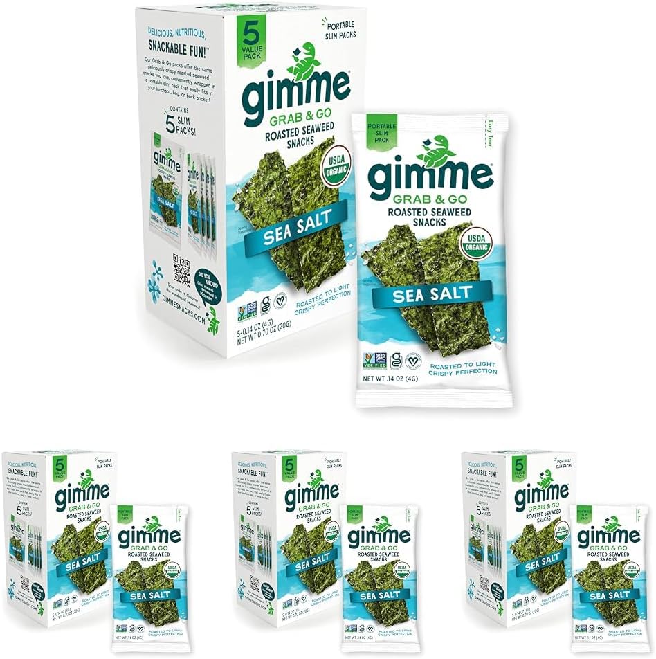 Gimme Seaweed Grab & Go - Sea Salt - 5 Count - Organic Roasted Seaweed Sheets - Keto Vegan Gluten Free - Great Source of Iodine & Omega 3’s - Healthy On-The-Go Snack for Kids Adults (Pack of 4)