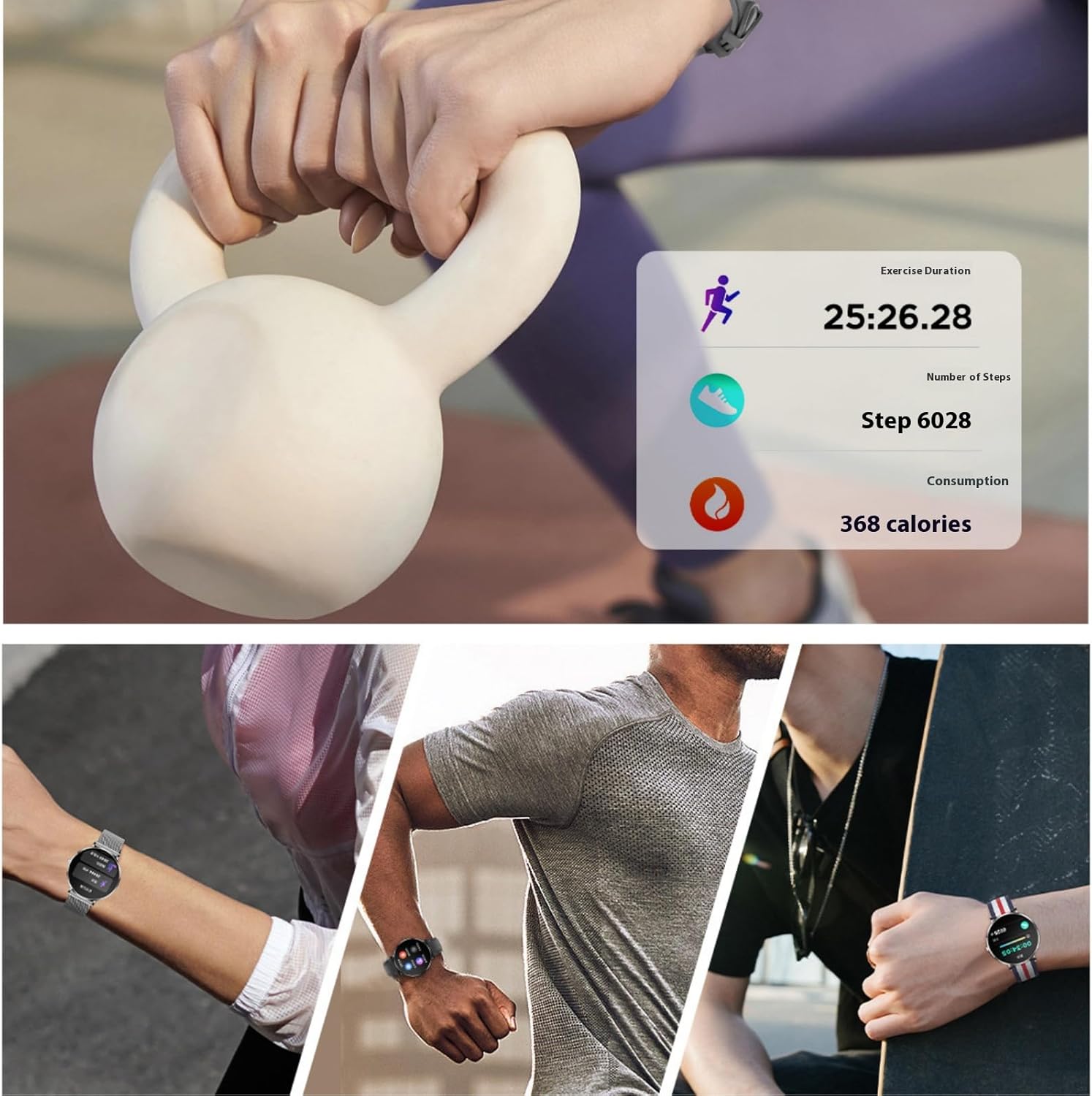 Person exercising with a kettlebell, with the watch displaying exercise duration, steps, and calories burned.