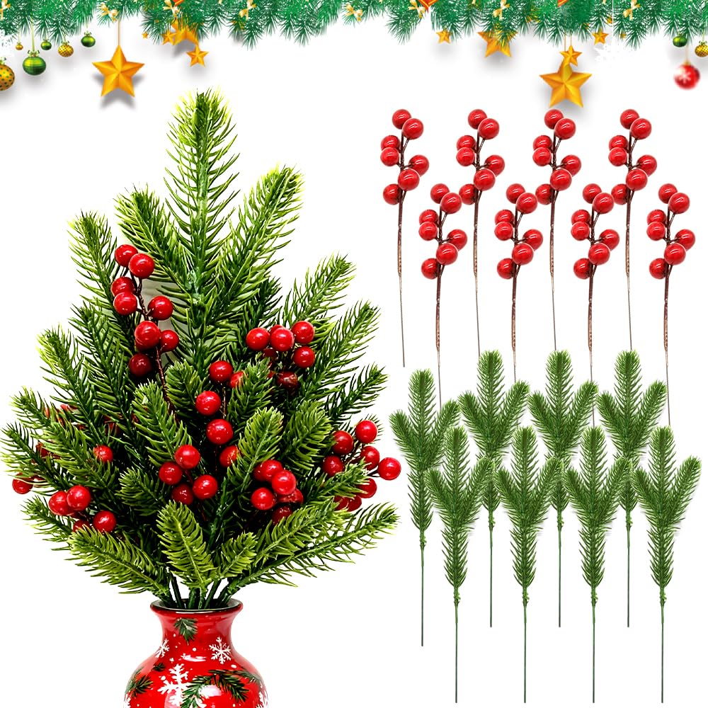 Spiritzohic Green,Red Artificial Pine Picks, 40Pcs Christmas Berries Artificial Red Berry Picks Christmas Decorations Artificials Pine Branches Xmas Garland Decorations For Wreaths Decor, Garden