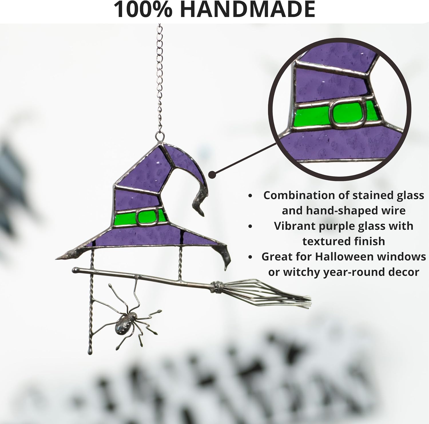 Halloween Stained Glass Window Hanging Suncatcher for Windows Panels Genuine Halloween Decor Spooky Sun Catcher Ornament Decoration Handmade Art (Witch Hat)
