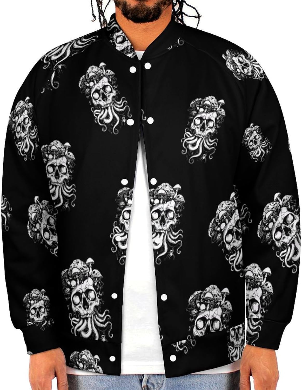 Octopus Skull Mushroom Novelty Men's Baseball Jackets Causal Sweatshirt Button Top Long Sleeve Coat