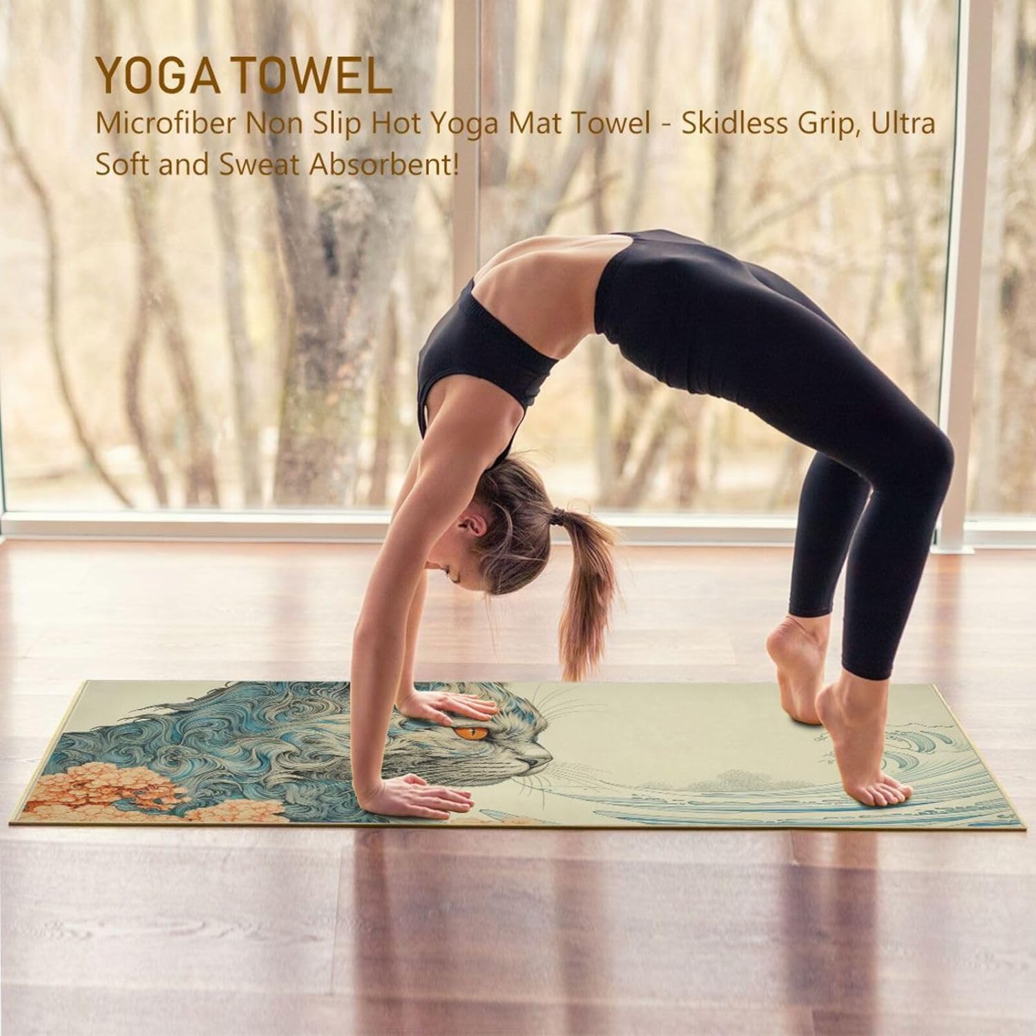 Japanese Wave Cat Flower Hot Yoga Towel – Cool Design, Grip Dots, Super Absorbent, Anti-Slip, 27" x 73" - Yoga Mat Towels for Exercise, Fitness