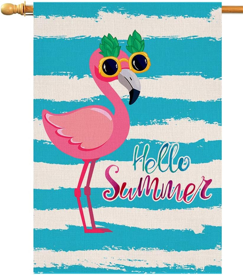 Hello Summer Funny Flamingo House Flag Vertical Double Sided Beach Burlap Yard Outdoor Decor 28 x 40 Inch