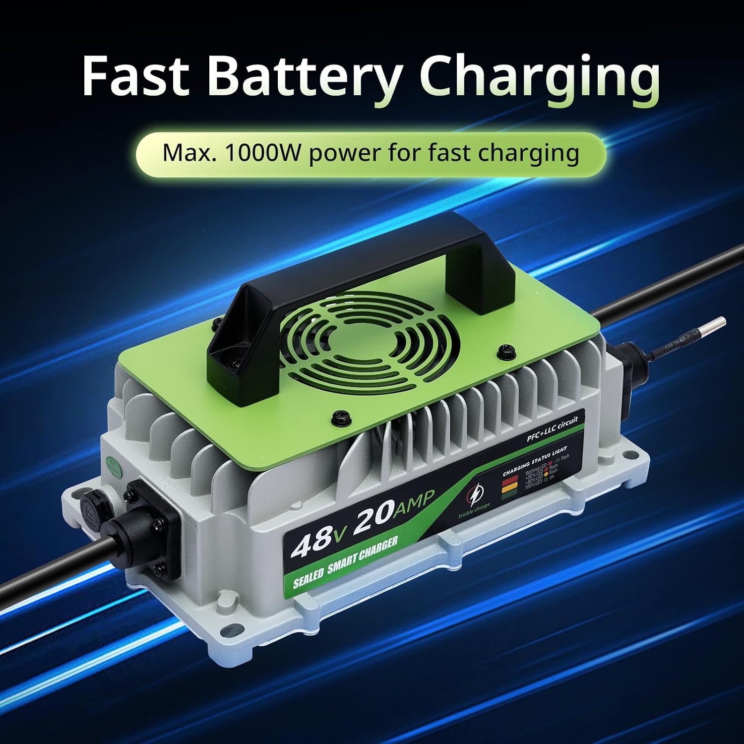 20 AMP 48 Volt Golf Cart Battery Charger 48V Lithium Battery Charger LiFePO4 Charger for Club Cars RVs Boats Cars Forklift Truck 1000W IP65 Waterproof with Cooling Fan 2 Connectors