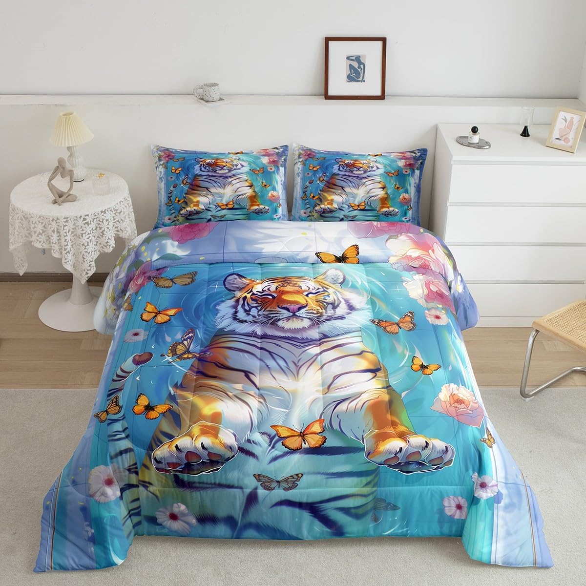 Funny Lion Comforter Sets Toddler Size,Safari Wild Animal Bathing in Bathtub Bedding Sets,Rustic Flower Butterfly Quilted Duvet for Kids Teens Girls,Cute Animals Duvet Insert,1 Pillowcase