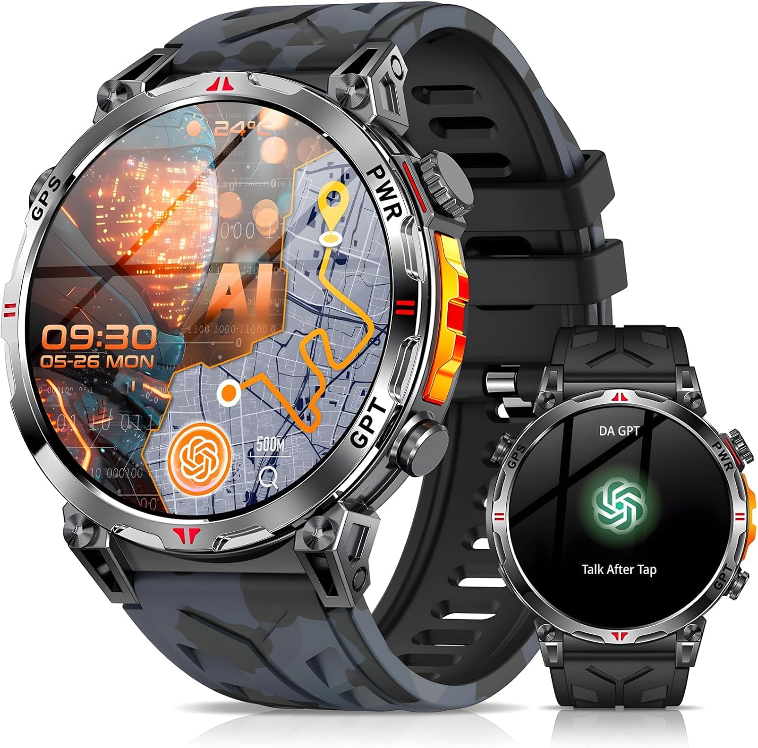 Orologio intelligente militare con GPS, orologio intelligente con assistente vocale GPT/LED Flashlight Compass,a schermo AMOLED da 1,56" Per uomini, compatibile con Android e iOS (Nero)