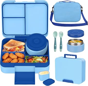 HWONMTE Bento Lunch Box Set for Kids with 9.5oz Soup Thermo Leak-Proof Lunch Food Container with Insulated Lunch Bag Hot Food Jar for Kid Toddler Girls Boys Teens to School,Travel Blue