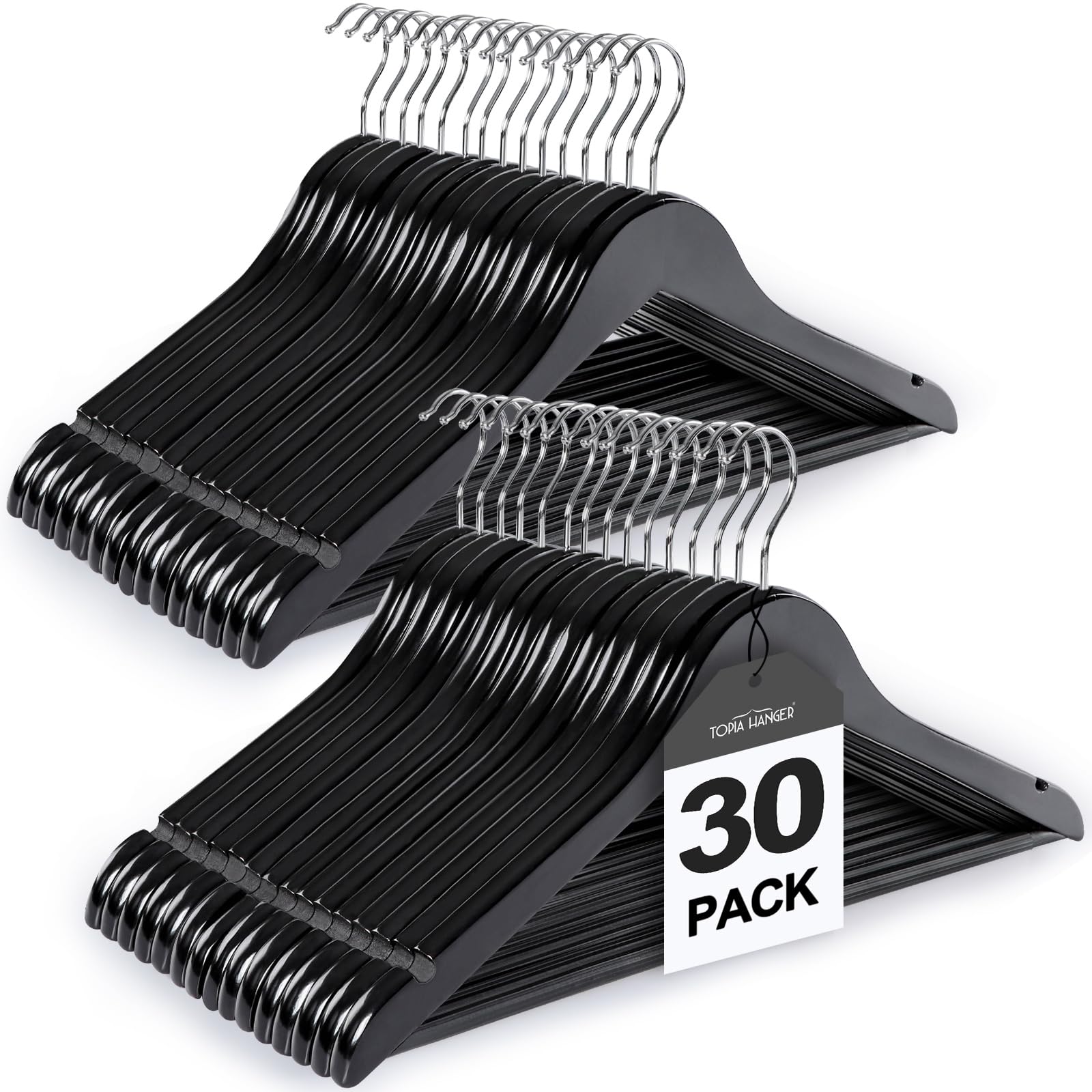 TOPIA HANGER Wooden Coat Hangers 30 Pack, Black Wood Suit Hangers with Non Slip Pants Bar, 360° Swivel Hook and Shoulder Notches for Camisole, Jacket, Pants, Smooth Finish Clothes Hangers -CT34B30