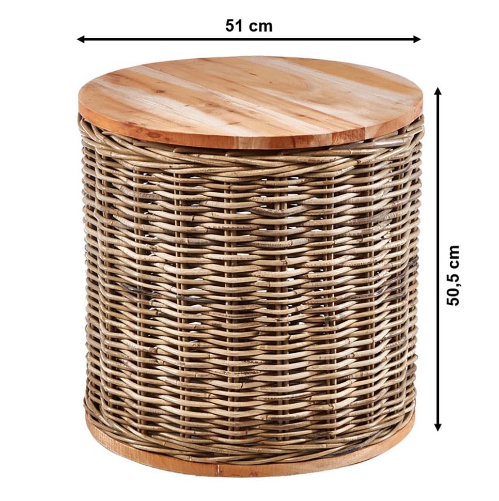 Kobolo Beistelltisch Marta runder Rattan Tisch mit Deckel aus 50 cm Grau