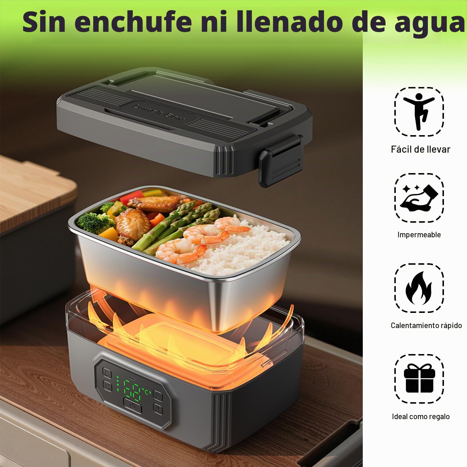 Fiambrera eléctrica con batería, fiambrera calentada portátil para adultos, recargable, con control de tiempo y función de mantenimiento del calor, para oficina, trabajo, camping