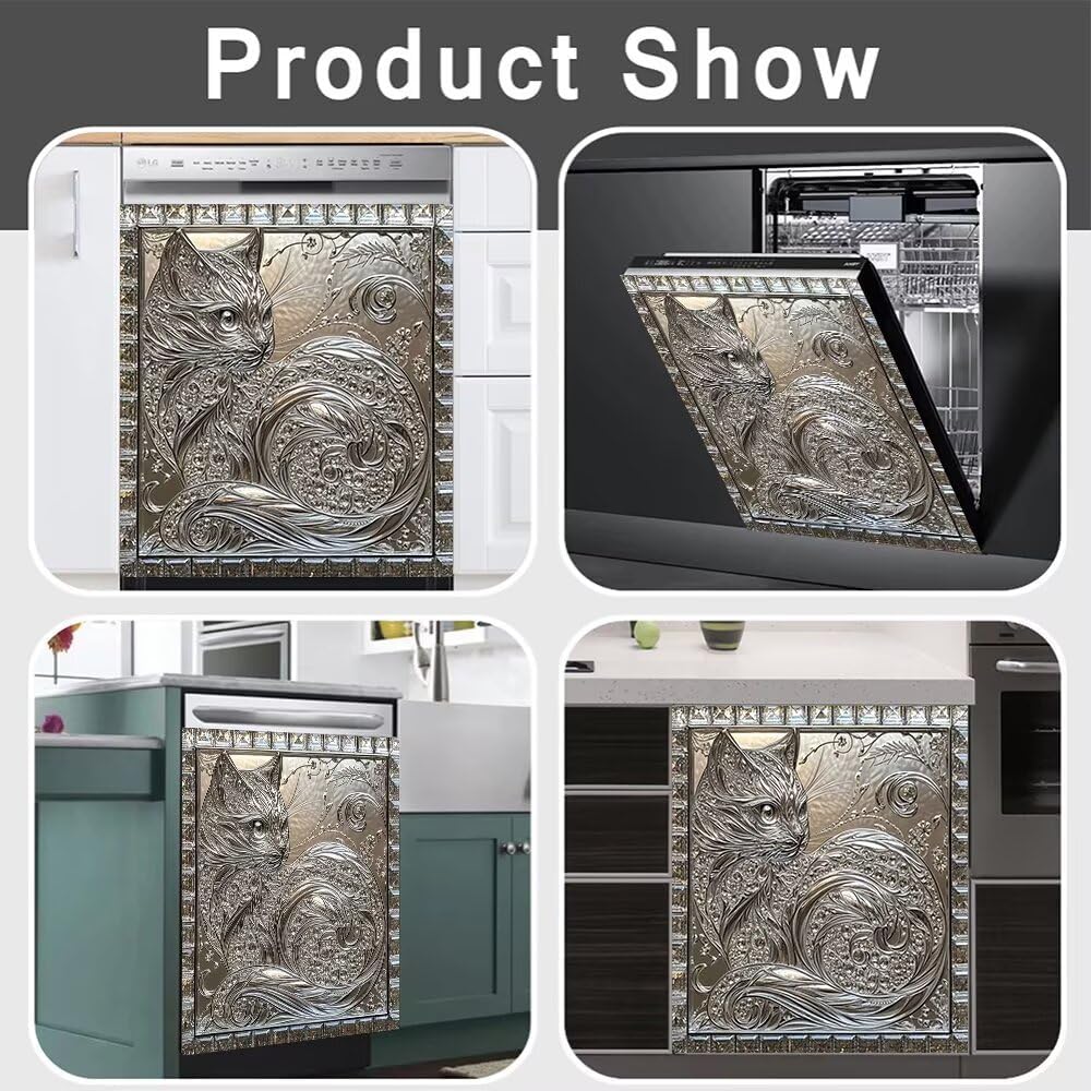 Silver Metal Cat Magnetic Dishwasher Door Cover for Kitchen, Glass Diamond Art Magnet Refrigerator Cover Panel Decal, Animal Cat Vinyl Decal for Dishwasher - Reusable, 23 x 26 inches (Magnetic)
