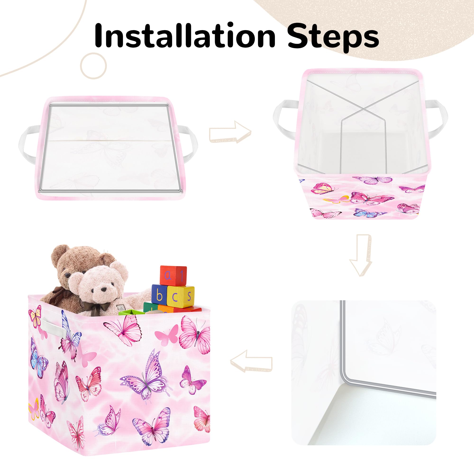 Clastyle Lot de 3 Boite Rangement Tissu Enfant Papillon Cube de Rangement Pliable Filles Panier Kallax pour Salle de Bain,Rose,30x30x30 cm