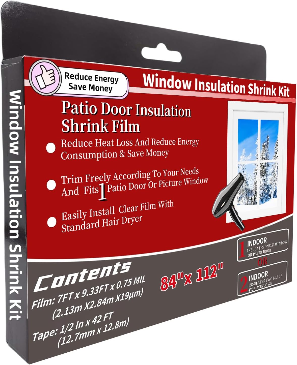 Large Patio Door Shrink Film Window Insulation Kit 84-Inch By 112-Inch，Clear, Keeps Cold Air Out and Warm Air in (1 Pack)