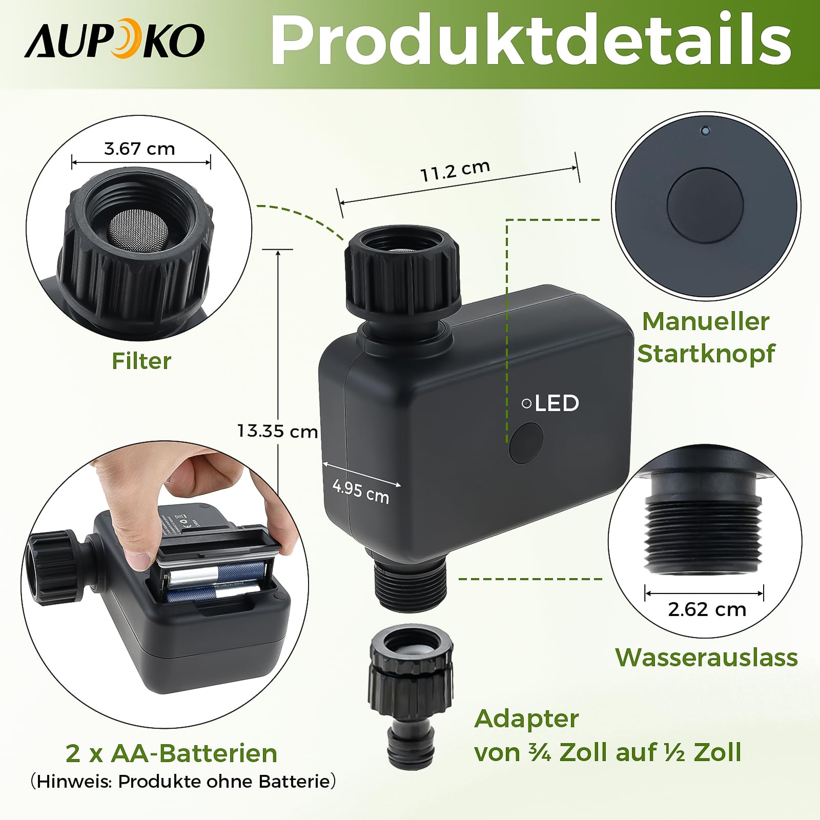 Aupoko Smart Bewässerungsuhr mit Bluetooth & App Steuerung – Bewässerungscomputer mit IP55 Schutz, 2 Bewässerungsmodi, Regenverzögerung für Garten, Landwirtschaft & öffentliche Grünflächen