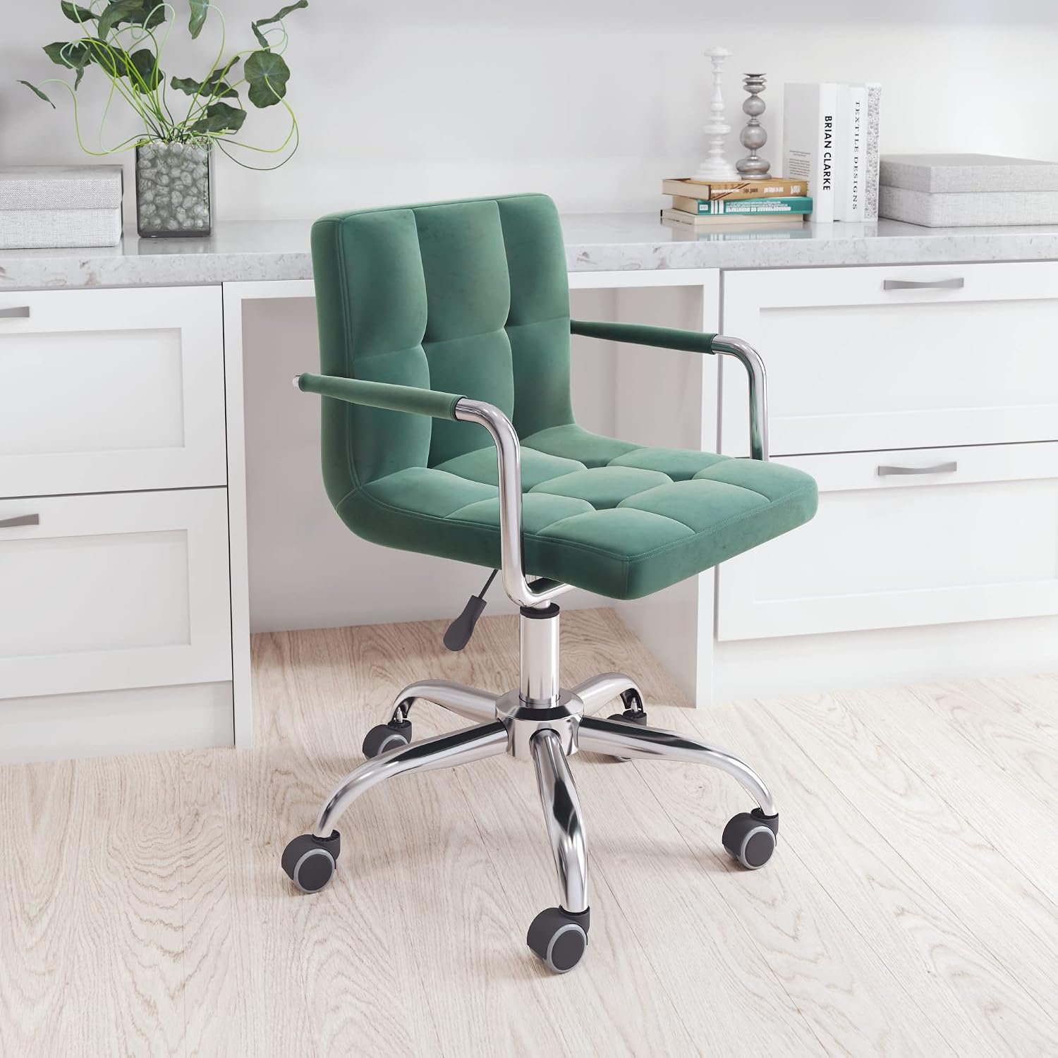 Bhumika Overseas Velvet Height Adjustable Swivel Office Computer Armrest Desk Office Chair 360 Degree Rotate with Chrome C...
