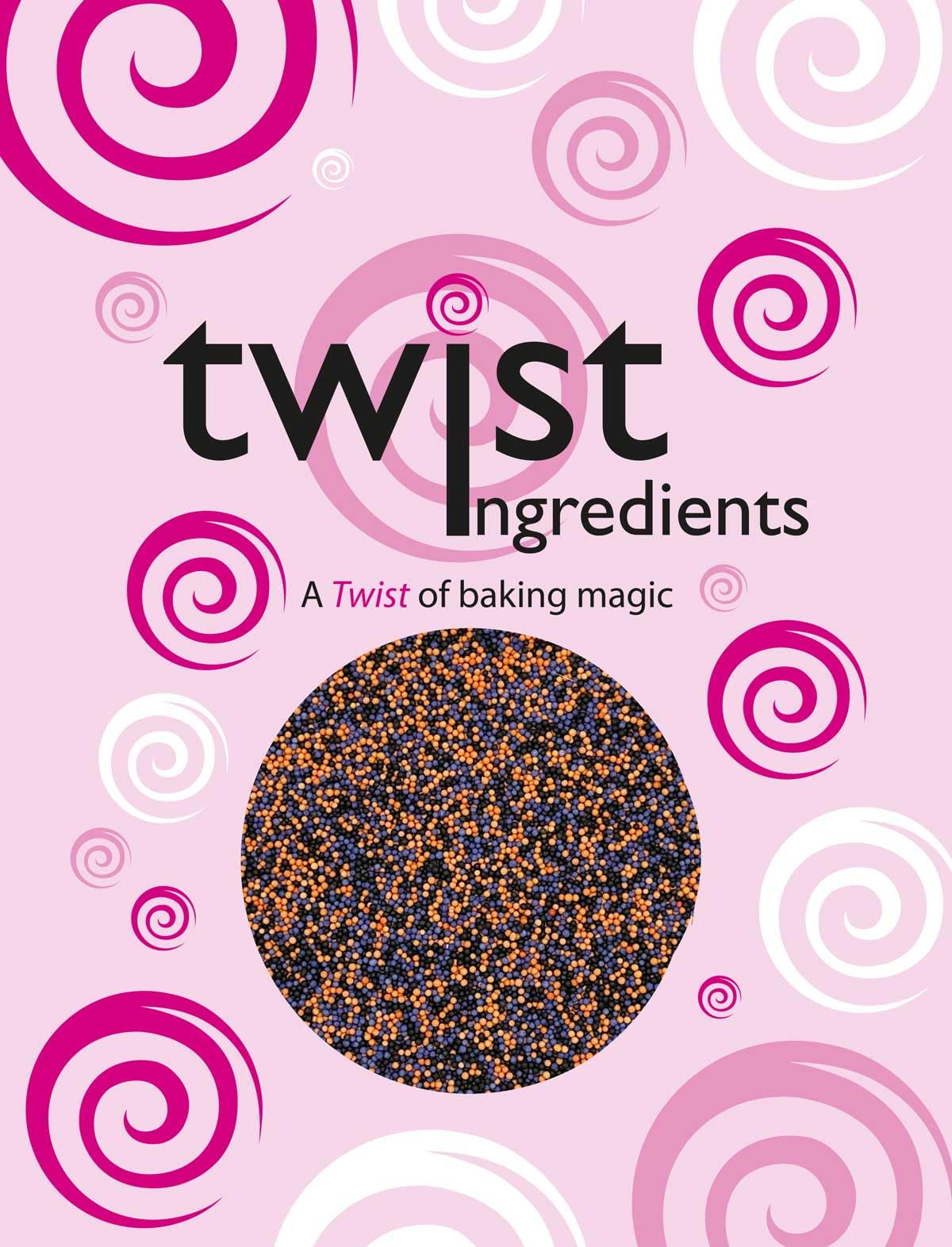 Twist Ingredients - Wicked 100/1000-1kg. Matt 100/1000 mix. Tiny balls of sugar - perfect for decorating all Halloween bakes, cakes and cookies. Non Pareills (orange, black, purple)