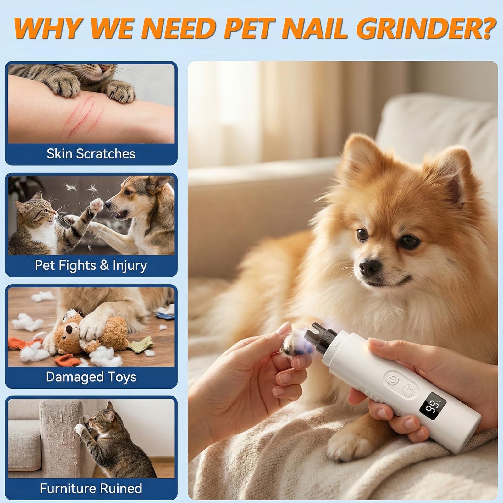 Ultra Quiet Dog Nail Grinder with LED Light, Cats & Dog Nail Trimmers, Anti-slip Dog Nail Clippers, High Speed Grinder for Cats, Small Medium Large Dogs, 3-Speed Adjustable, Replacement Grinding Heads - image 4