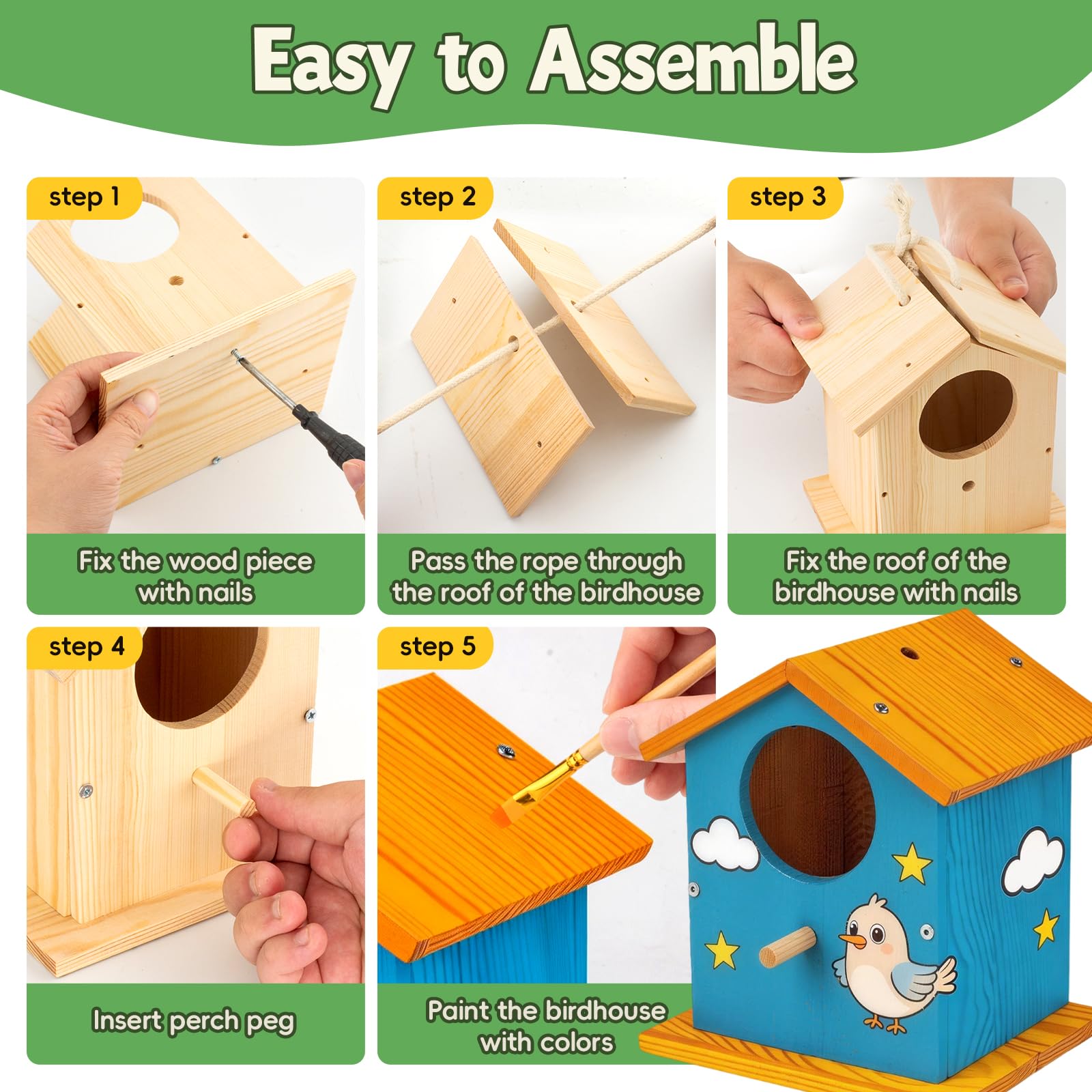 DoodleDoo Paquete de 4 casitas de madera para pájaros, arte y manualidades, kit de pintura para interiores y exteriores con pintura y pinceles para niños de 6 a 12 años, regalo de cumpleaños para