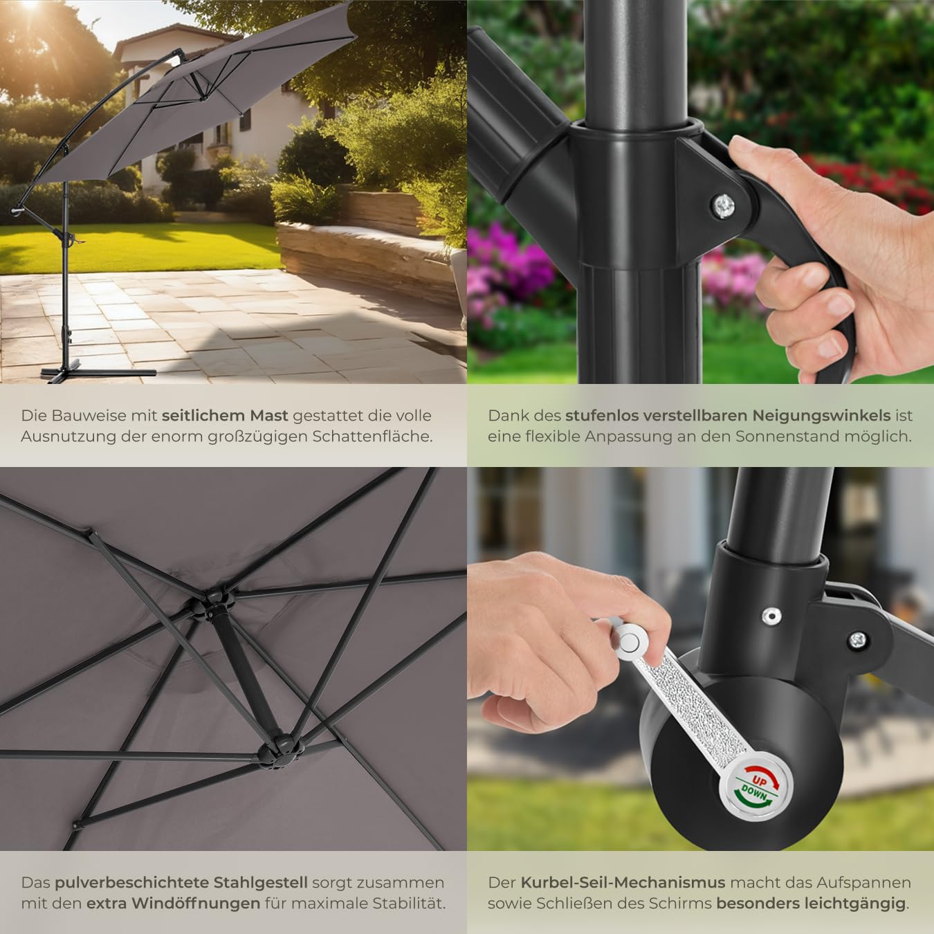 tectake Sonnenschirm mit Ständer, Ø 350 cm, Sonnenschutz für Balkon, Garten und Terrasse inkl. Schutzhülle, Ampelschirm groß mit Kurbel-Seilsystem, Schirm mit stabilem Gestell - grau