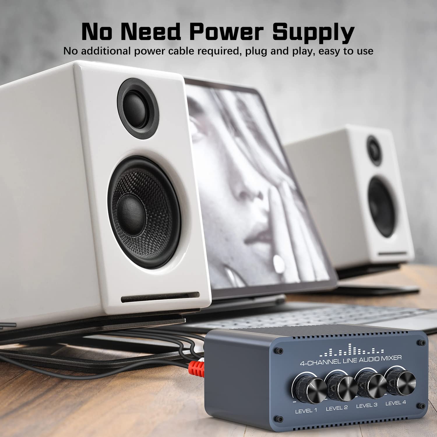Tendak Mini Mixer Audio Stereo Passivo 4 Canali Cinch Mini Mixer Stereo 4 in 1 out RCA L/R Mixer Audio con Regolatori di Volume Separati per Strumenti di Mix, Computer, Lettore CD Tendak Mini Mixer