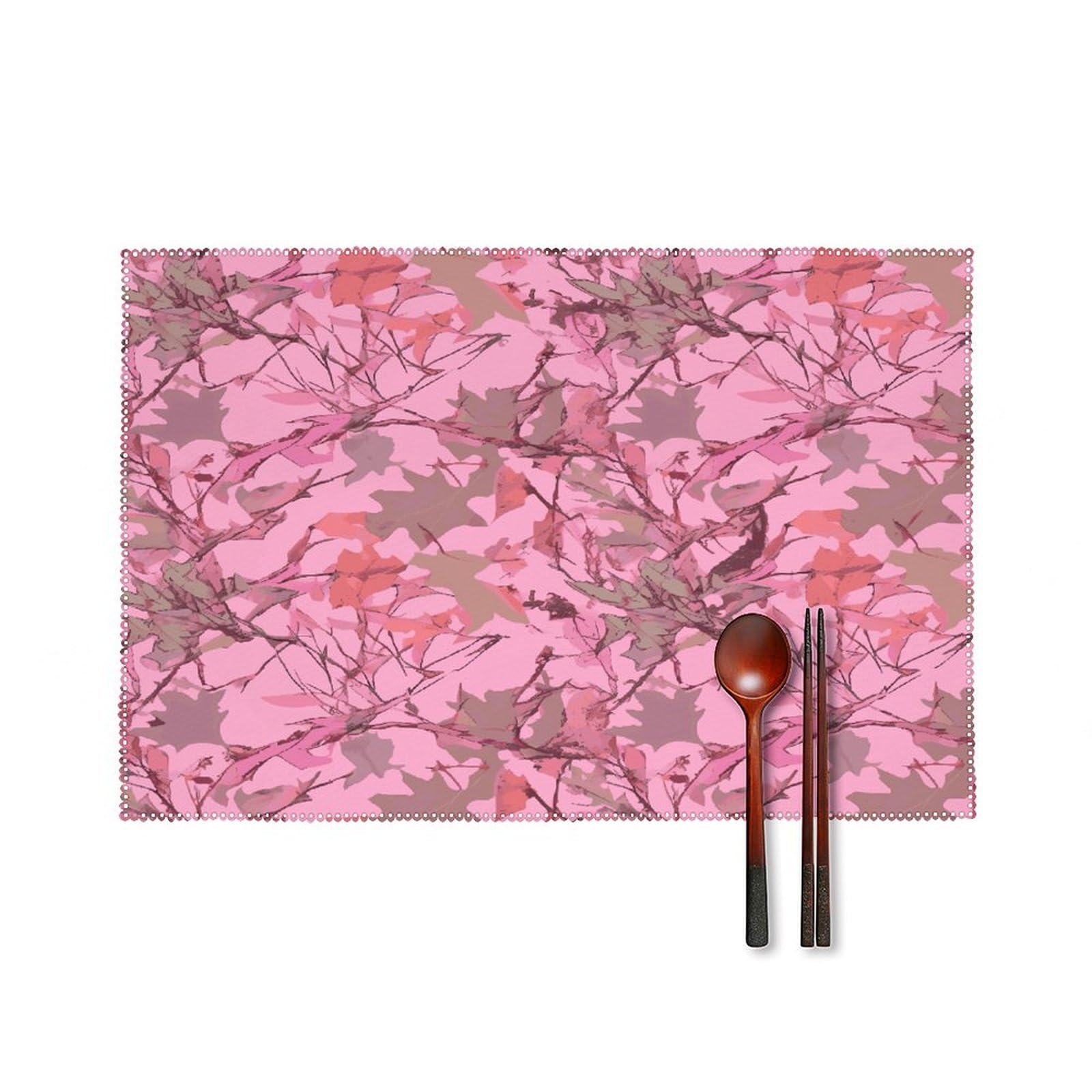 Pink Leaves Camo Placemats Washable Canvas Place Mats Decoration Placemat for Dining Table Easy to Clean Tables Mat Set of 6 for Kitchen Dining Room Coffee Table