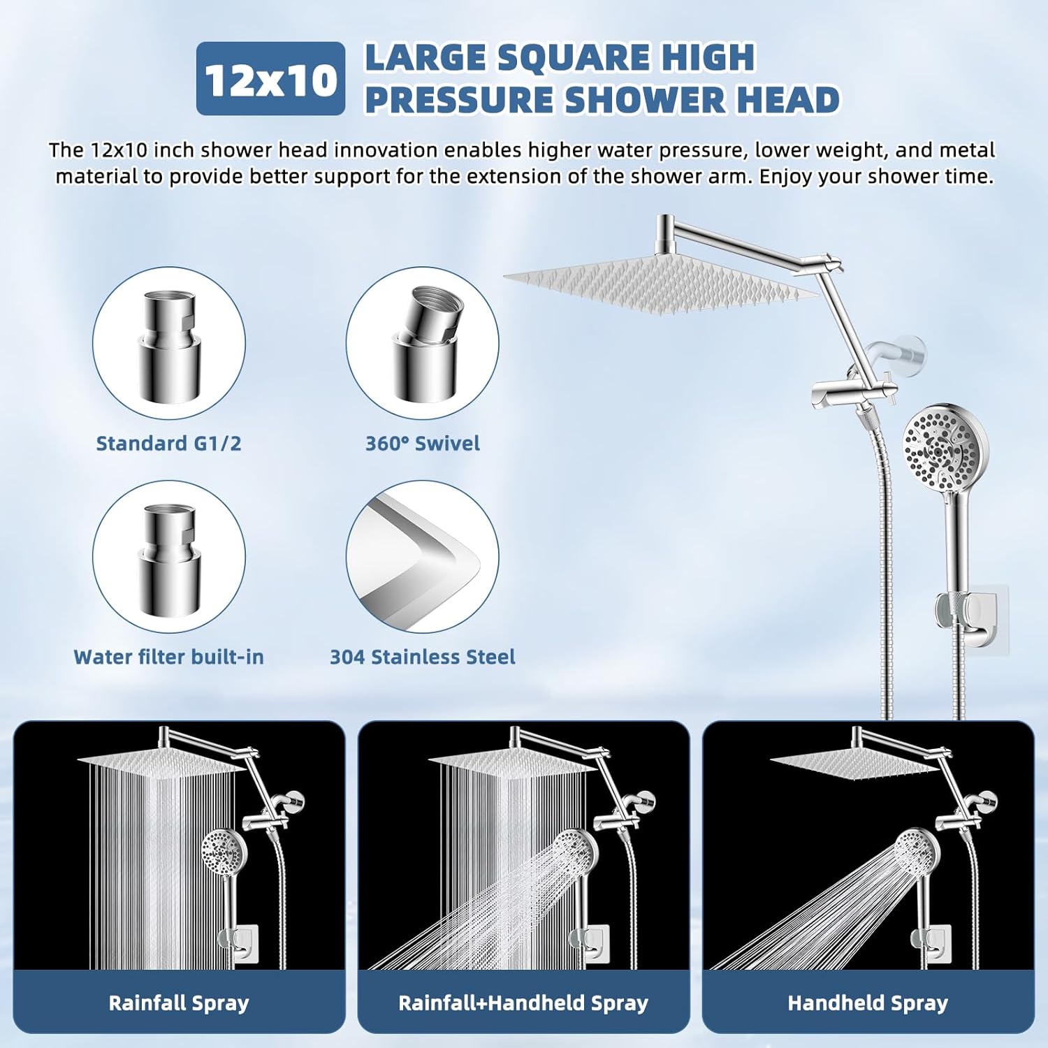 12” All Metal Rain Shower Head, High Pressure Rainfall Shower Head with Handheld Spray Combo, 5” Handheld Spray Powerful Clean 10-Mode, 16" Shower Extension Arm, 71" Hose, 3-Way Diverter, Chrome