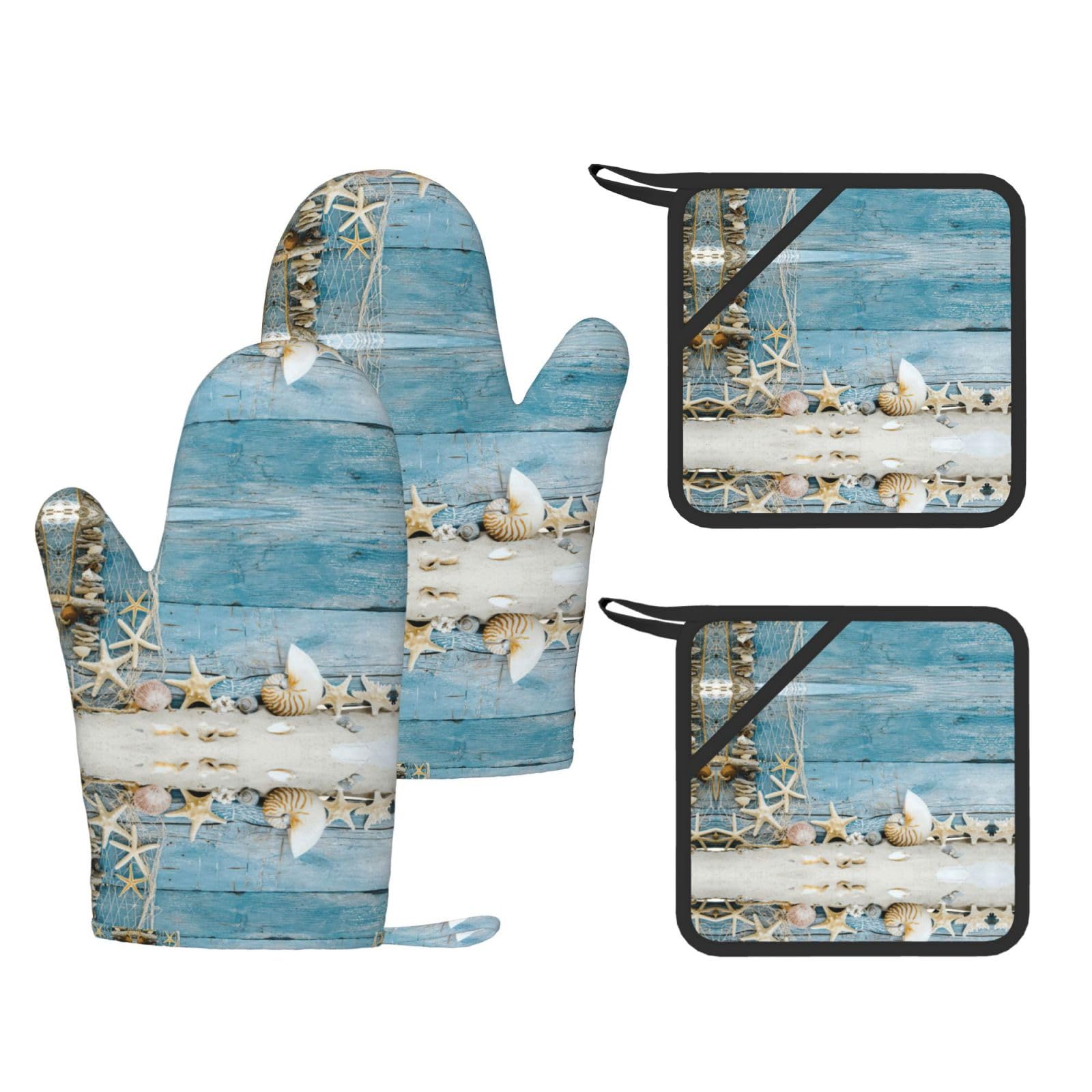 Shell Starfish Pattern Fashion Printed Kitchen Kit with Heat Resistant Oven Mitts & Non-Slip Hot Pads for Baking