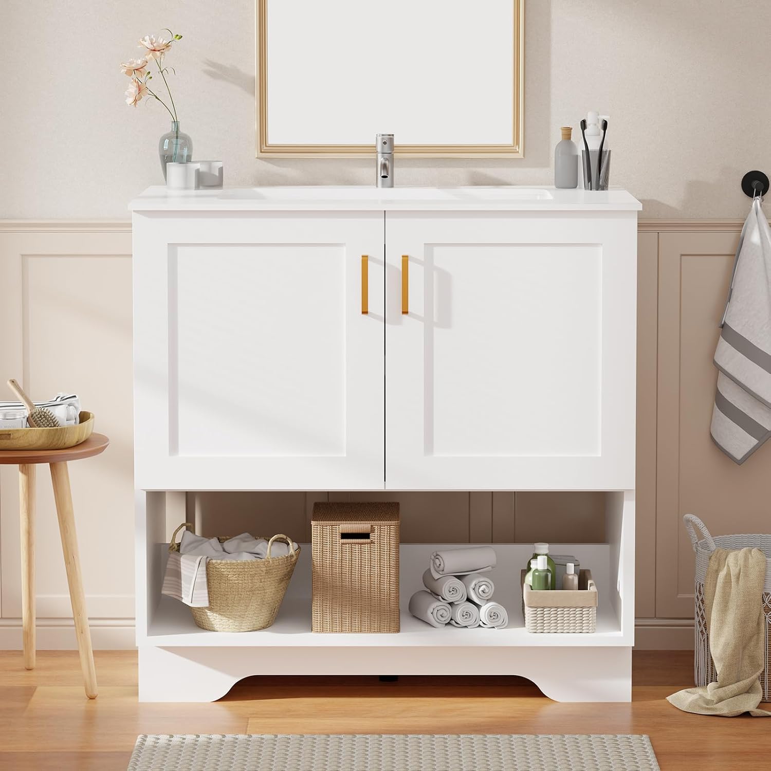 24/30/36 Inch Modern Bathroom Vanity with Ceramic Sink and Countertop, Bathroom Vanities Cabinet with 2 Doors and 1 Open Shelf (White)
