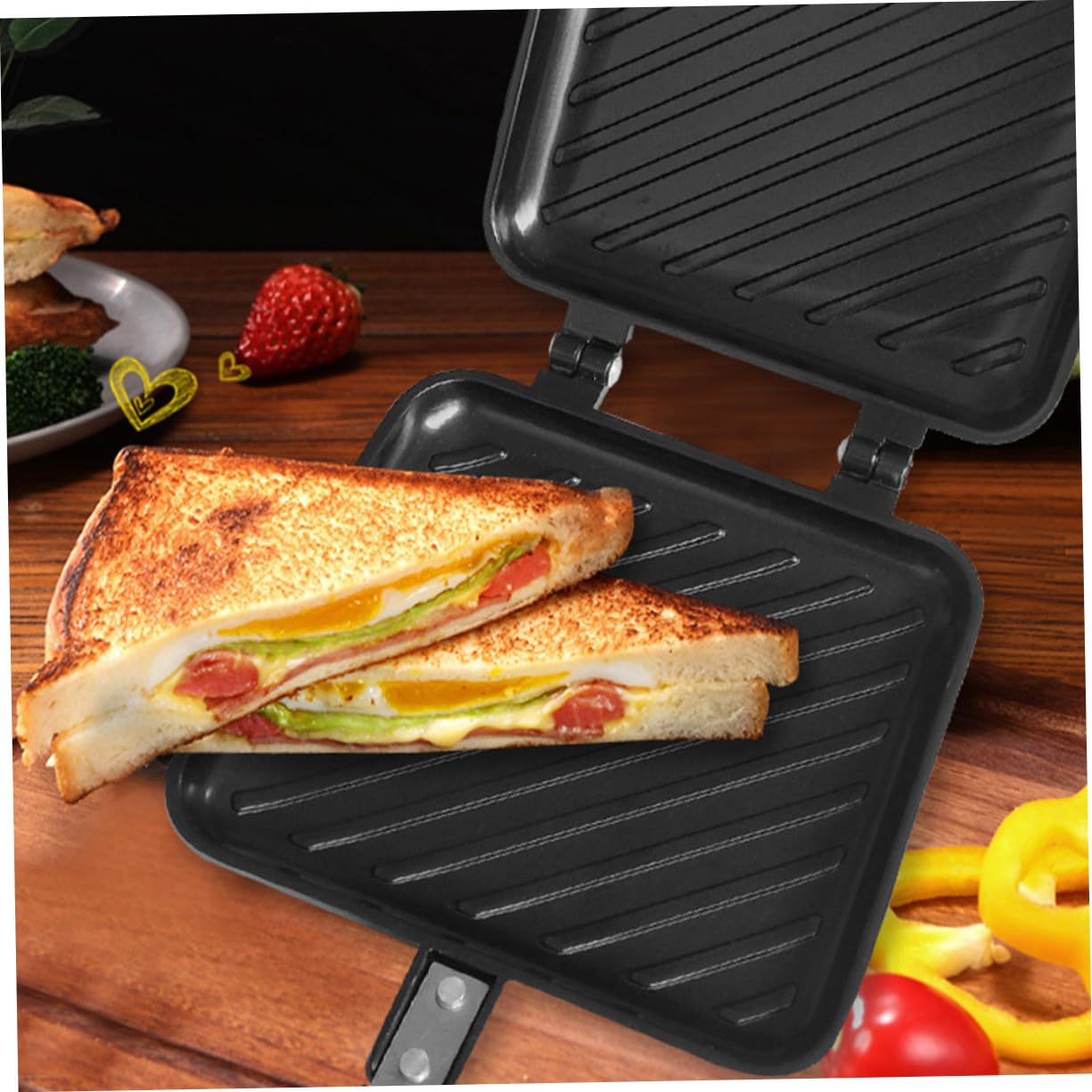 Moule à Sandwich Ménager en Fer Noir Antiadhésif, Poêle à Frire Double Face Facile à Nettoyer, Cuisine la Maison Extérieur