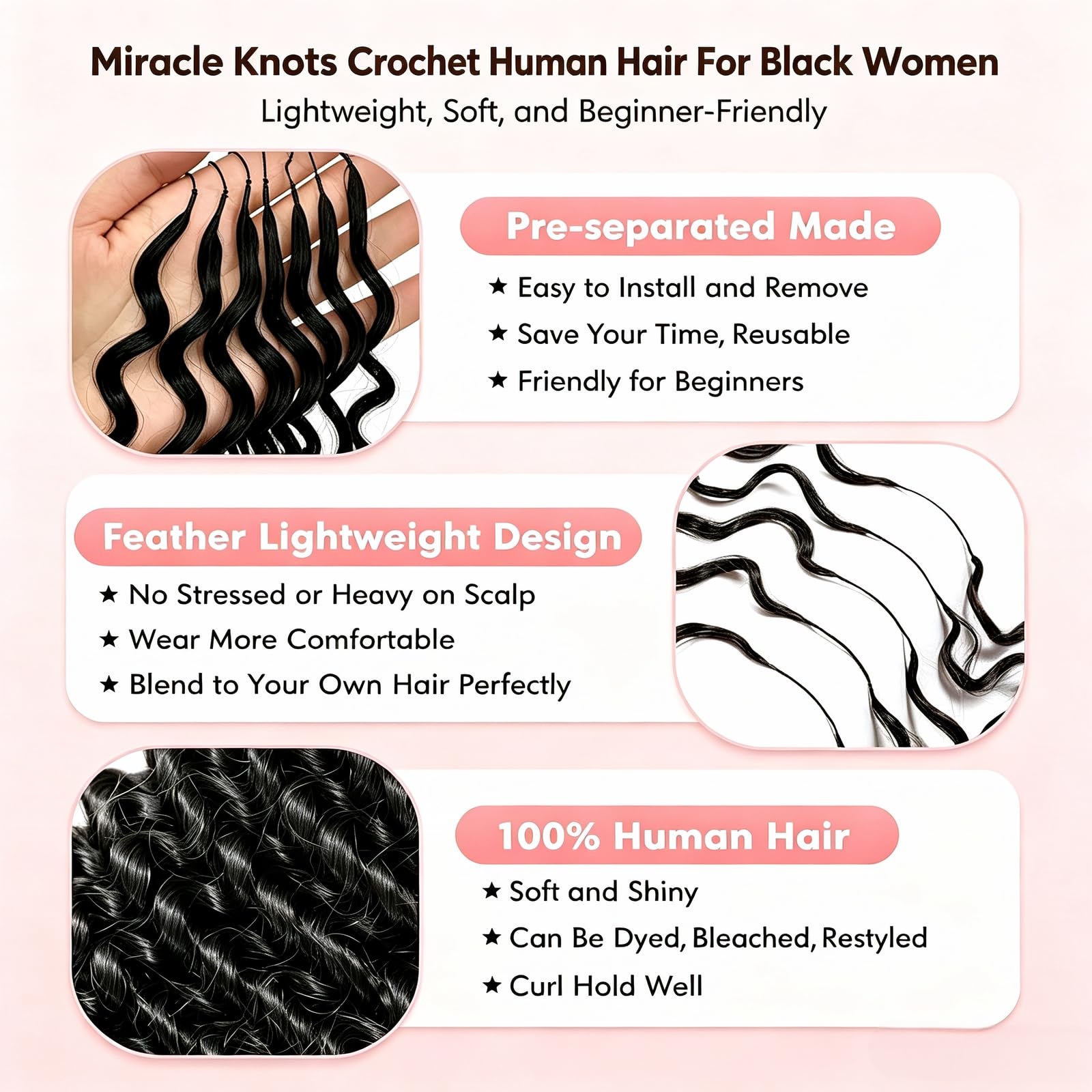 Capelli umani all'uncinetto per donne nere, 40,6 cm, capelli umani ricci all'uncinetto, 120 g, nodi miracolosi pre-separati, extension di capelli umani ondulati profondi, 96 ciocche, colore nero