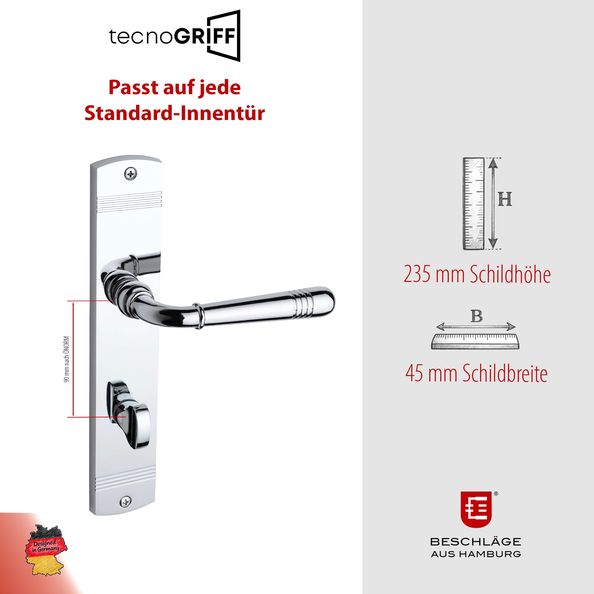 Beschläge Hamburg Türbeschlag EMILY ART 70-09Z MPC WC – Türklinke in Chrom poliert, 90 mm WC/Bad Verriegelung, Drückergarnitur für Innentüren – NUR für ÖNORM/ÖSTERREICH