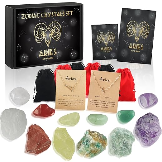 14pcs Aries Zodiac Crystals Gift Set Crystal and Healing Stones Star Sign Birthstones Astrology Witchcraft Christmas & Birthday Gifts for Women