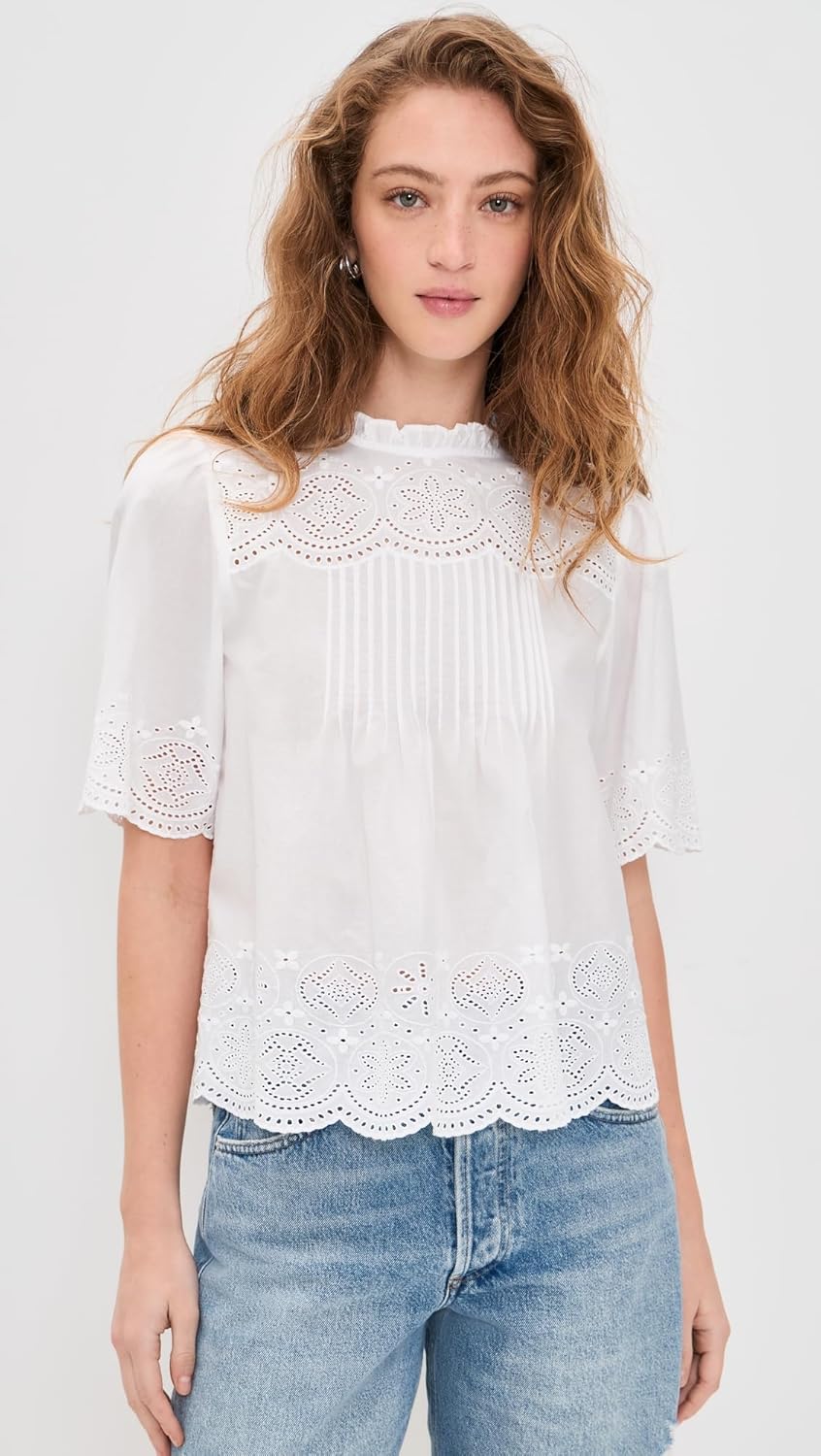 Madewell Women's Embroidered Pintuck High-Neck Top