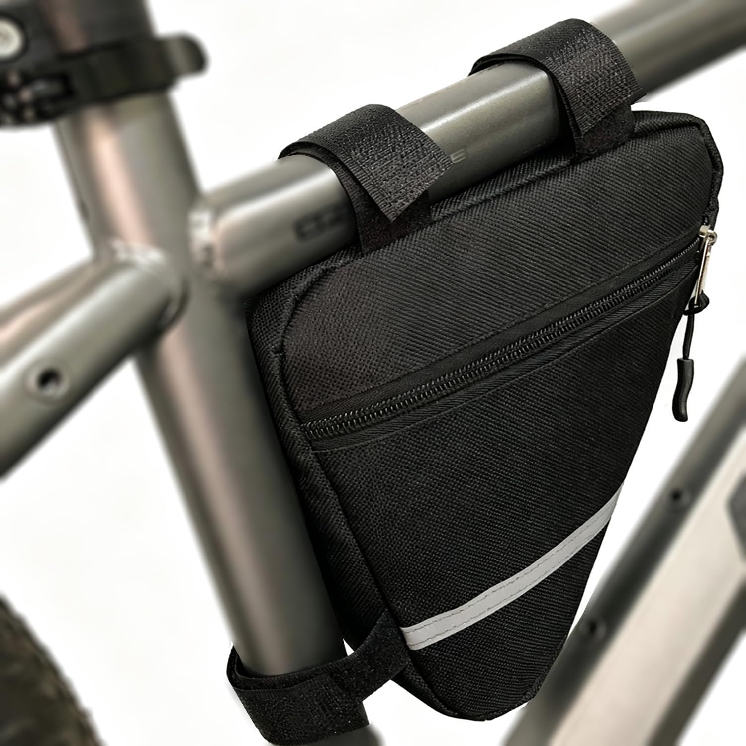 QitinDasen Black Small Bike Triangle Bag, Waterproof Nylon Bicycle Front Tube Frame Triangle Bag with Double-Sided Reflective Decoration